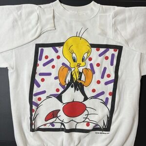 Vintage Looney Tunes Sweatshirt Tweety Bird & Sylvester 93' White Tultex Size XL